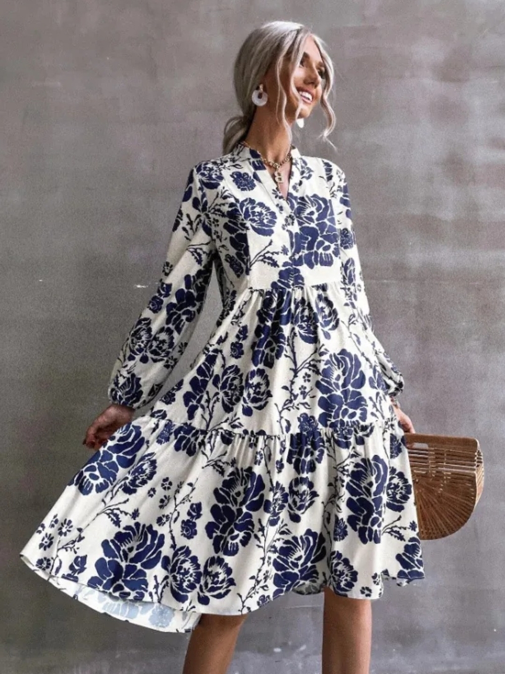 Floral Tiered V-Neck Midi Dress in Navy and White